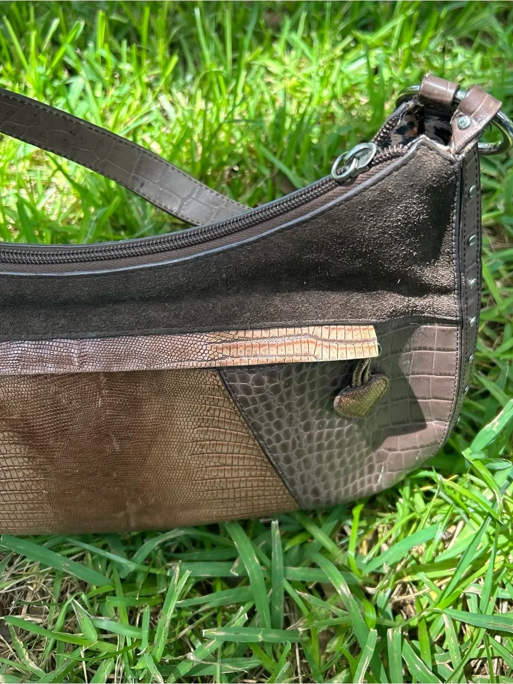 Vintage Sharif Women's Multi-Texture Patchwork Hobo Bag in Brown, Green & Cream